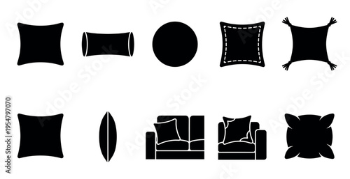 A set of black silhouette icons displays various cushion and pillow shapes, including a square, round, bolster, and decorative throw pillows, alongside a minimalist sofa illustration.