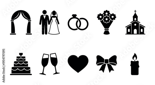 A collection of black vector wedding icons, including a bride and groom, rings, cake, and church, suitable for celebration and romance themes.