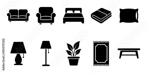 A collection of black and white vector icons representing various home furniture items, ideal for interior design, real estate, or lifestyle concepts.