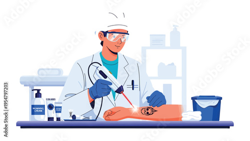 Precision and Care: An illustration captures the meticulous process of tattoo removal through advanced laser technology, performed by a dedicated professional in a clinical setting.