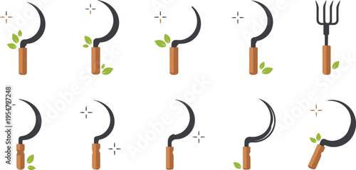 Sickle and gardening tools icon set with leaves flat agriculture vector illustration