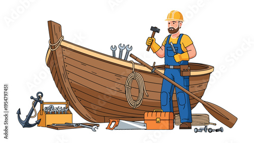 Craftsman and His Vessel: An artisan, diligently tending to his wooden boat, surrounded by a comprehensive array of tools, representing the art of repair, craftsmanship, and nautical skill.