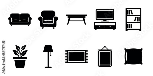 A set of black silhouette icons representing common household furniture and decor items arranged in a clean layout.