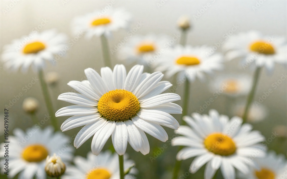 Obraz premium White daisies bloom in a soft sunlit field with gentle bokeh