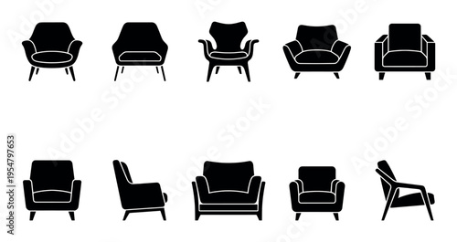 A collection of black silhouette icons representing various armchair designs, presented against a clean white background.