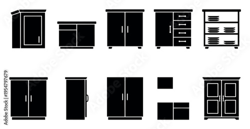 A collection of black silhouette icons depicting various furniture pieces like cabinets, drawers, and shelves, ideal for design and illustration projects.