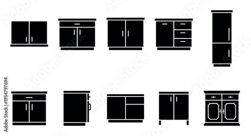 A collection of black silhouette icons representing various kitchen cabinets and drawers, perfect for design and renovation projects.