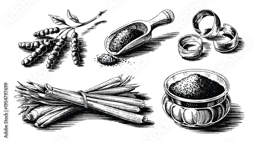 Hand drawn sketch of spices in scoops and bowls, vintage culinary ingredients, spice blend