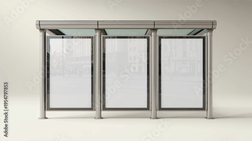 Contemporary bus stop with three empty advertising displays on white background with public transport