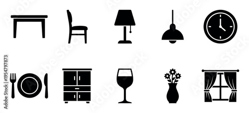 A collection of black silhouette icons representing various home interior objects including furniture, decor, and diningware, perfect for design or informational use.
