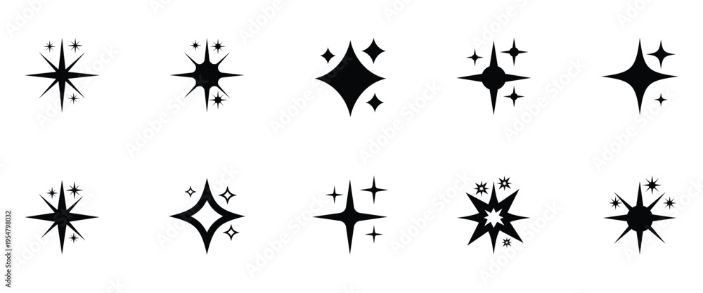 Fototapeta premium Different shapes black sparkle and shines on a white background. Vector graphic star elements ideal for graphic design, magical effects and decoration.