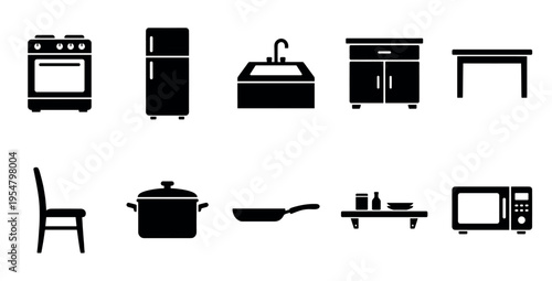 A collection of black silhouette icons representing various kitchen appliances and furniture items on a white background, ideal for design projects.