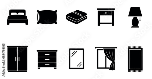 Collection of black silhouette icons representing essential bedroom furniture and decor items for interior design and lifestyle concepts.