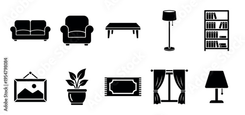 A collection of black vector icons representing various living room furniture and decor items, perfect for interior design or home staging concepts.