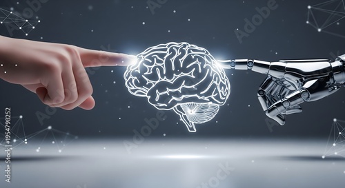 A human hand and a robotic hand pointing towards a glowing digital outline of a human brain representing artificial intelligence and innovation.