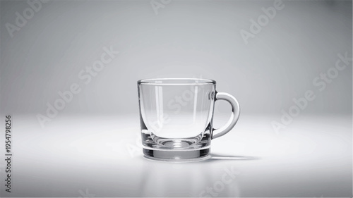 Empty clear glass mug with handle on white surface and soft background with beverage service