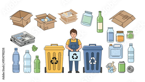 Sorting for Sustainability: A man stands amidst an assortment of recycling bins, symbolizing the dedication to sustainable living and the practice of waste management, inspiring a greener future.