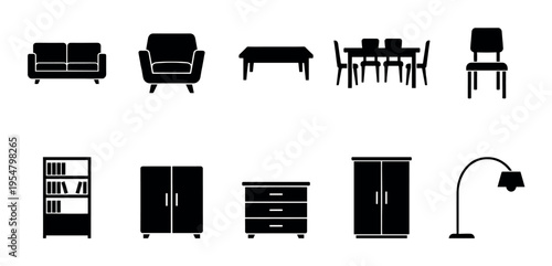 A collection of clean, modern black silhouette icons representing various furniture pieces, perfect for interior design and home decor themes.