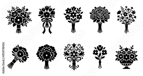 A diverse collection of black and white floral bouquet silhouettes, featuring various flower types and arrangements, ideal for graphic design and decoration.