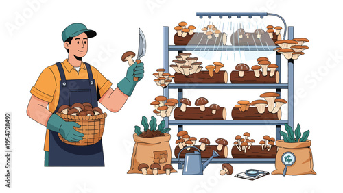 Mushroom Farmer and Harvest: A skilled farmer tends to a flourishing mushroom farm, showcasing the cultivation process with a basket full of harvested mushrooms and ready to cut mushrooms.