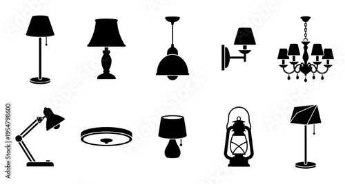 A collection of various black lamp icons and silhouettes, including floor lamps, table lamps, a chandelier, and a lantern, isolated on a white background.