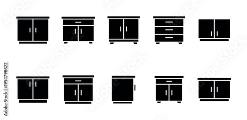 Collection of black cabinet icons with drawers and doors, suitable for interior design, web, and app graphics, offering versatile furniture representation.