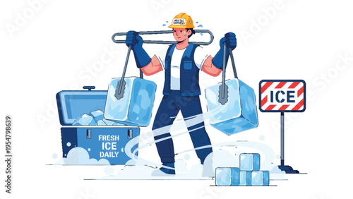 Ice Delivery: An illustration depicts a diligent worker transporting large blocks of ice, highlighting the efficiency and necessity of cold storage. 