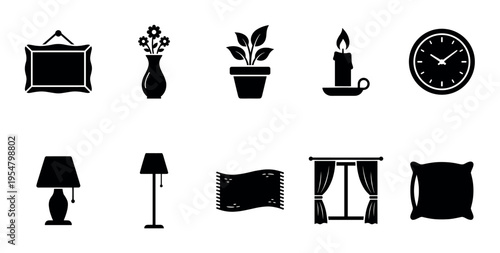 Collection of black silhouette icons representing various home decor items, including a framed picture, vase of flowers, potted plant, candle, clock, lamps, rug, window with curtains, and pillow.