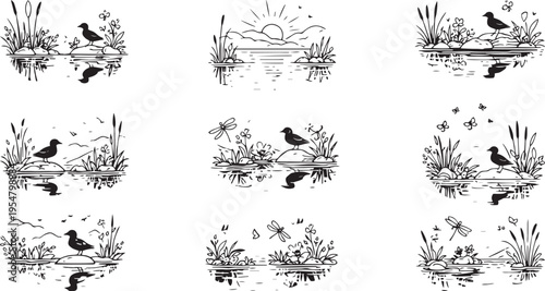 Set of hand drawn floral wreath frames with birds, butterflies, plants and rustic nature ornaments