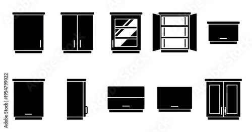 A collection of black silhouette icons representing various kitchen cabinets, including closed, open, and glass-fronted designs, on a clean white background.