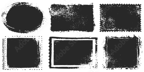 Vintage black vector design element set featuring grungy ink brush strokes and dirty paint textures for an old paper frame border illustration