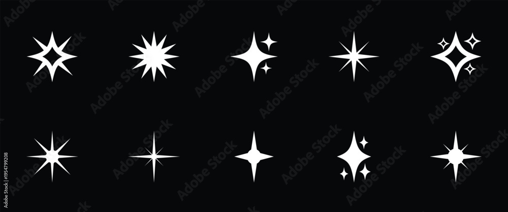 Fototapeta premium Bright abstract transparent sparkle effects on a dark background. Decorative sparkle icon for highlights new features and shine effect. Vector illustration.