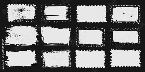 Vintage collection of grunge rubber stamps and black and white vector frames featuring ornate patterns and blank square border elements for old paper card designs