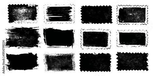 A vintage black ink splatter set featuring grungy paint brush strokes and a dirty vector texture border element on a stained paper banner design