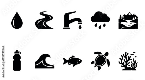A collection of simple black silhouette icons representing water elements, nature, and conservation themes, suitable for educational or environmental graphics.