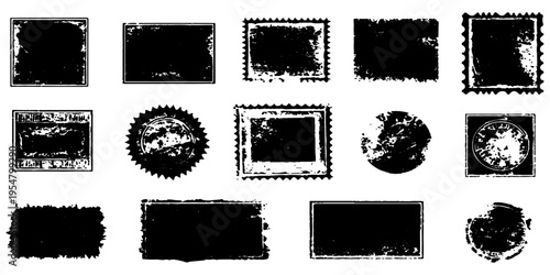 Vintage set of black grunge rubber stamps and blank frame labels featuring old vector paper patterns and decorative square border elements for a collection of card designs