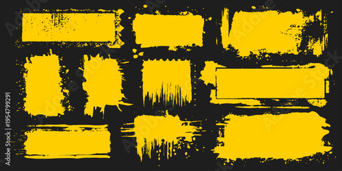 A distressed yellow grunge background features a messy vintage texture with black ink splatters, paint brush strokes, and a rough dirty paper border design for an old vector illustration