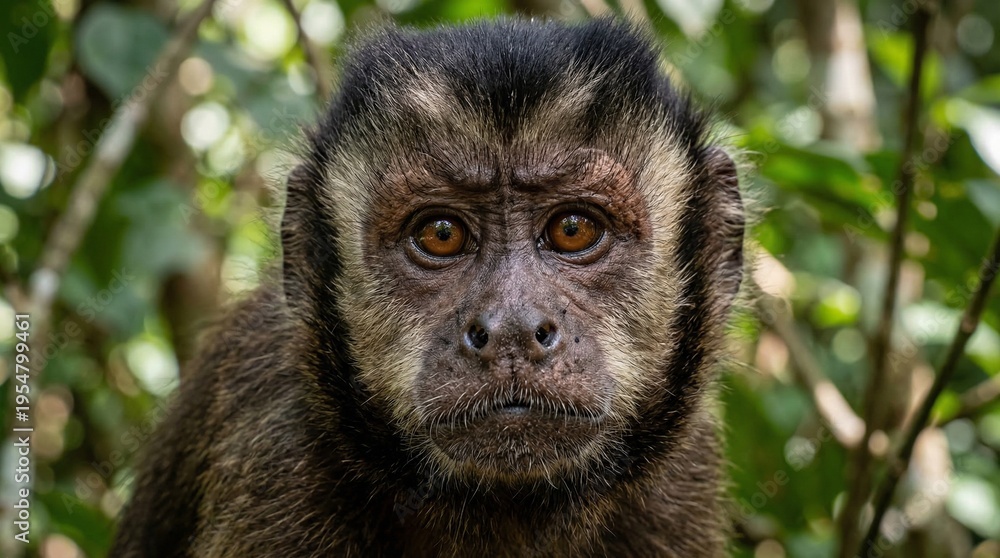 Obraz premium Capuchin monkey with a serious expression in a lush green forest setting