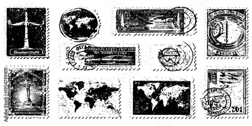 Vintage postage stamp set featuring grunge rubber stamps and aged antique postmarks on a collection of old postal mail paper with canceled perforated borders for retro philately correspondence