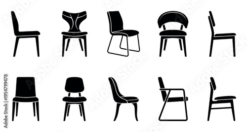 A collection of ten distinct black chair silhouettes arranged in two rows against a white background, showcasing various styles and perspectives.