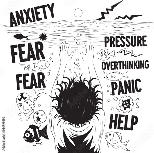 Vector illustration of man overwhelmed by anxiety and fear