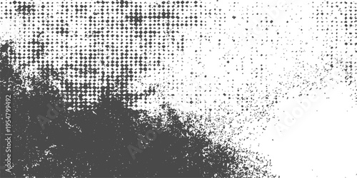 Vintage grunge Christmas tree design featuring a black and white halftone pattern with ink splat textures and a spray paint border illustration on a dirty paper background