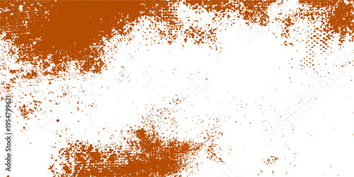 An orange abstract grunge background features a rusty metal texture with paint splashes and ink drops on a dirty wall design with space for text
