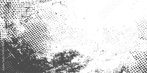 Abstract black and white grunge background featuring a dark ink splash texture with a dirty paint splatter pattern and an artistic spray border design on paper