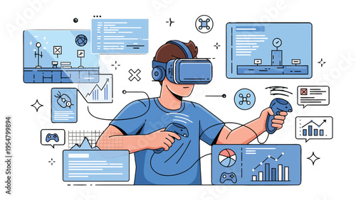 Immersive Virtual Reality Experience: A person fully immersed in a virtual reality world, surrounded by interactive elements, showcasing a glimpse into the future of technology and entertainment.