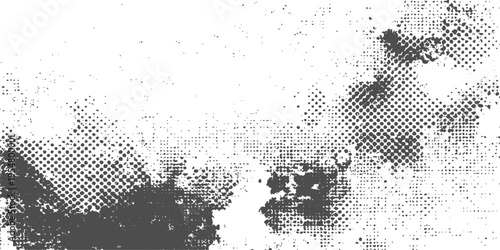 Black and white vector illustration of a black cat set against a grunge texture wallpaper featuring an ink splash world map and halftone dot pattern frame