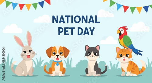 National pet day celebration with cute animals and parrot in garden