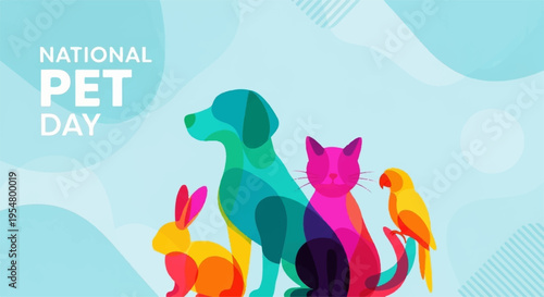 Vibrant pets dog cat bird rabbit colorful illustration national pet day