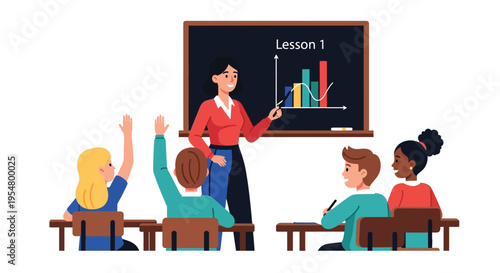 Teacher pointing to a graph on the blackboard in a classroom with students raising their hands