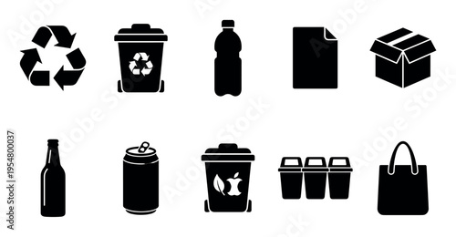 A collection of black silhouette icons representing recycling, various waste bins, and reusable items against a clean white background.